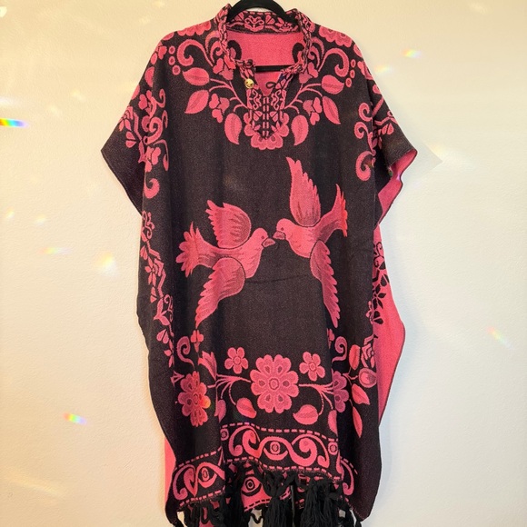 Sweaters - Pink and Black Bird Pattern Poncho